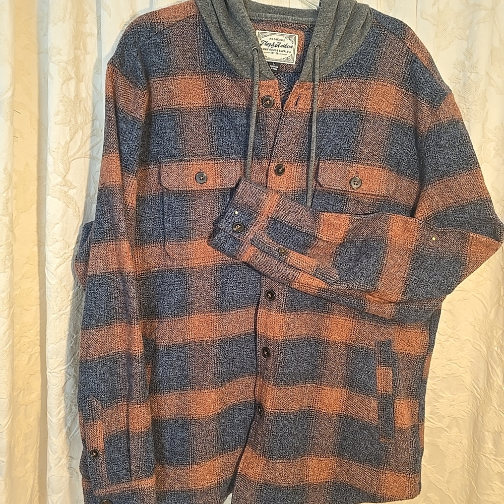 Flag & Anthem Plaid Hooded Jacket in Blue and Burgundy Red